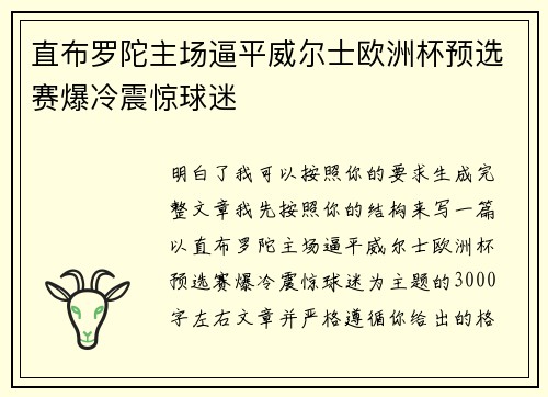 直布罗陀主场逼平威尔士欧洲杯预选赛爆冷震惊球迷